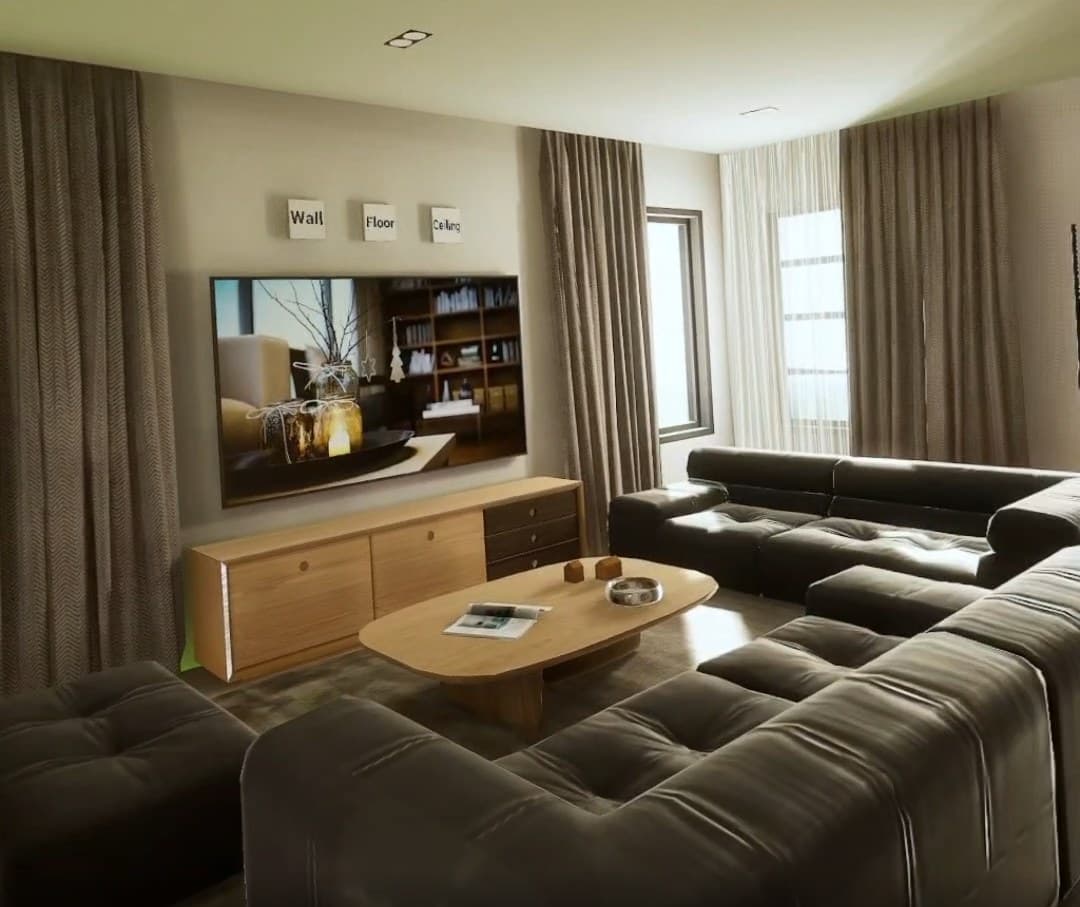 Warm contemporary living room visualization with a sectional sofa and a bright window